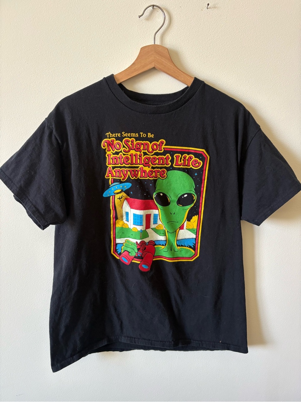 Vintage Black Tee with Neon Alien Graphic